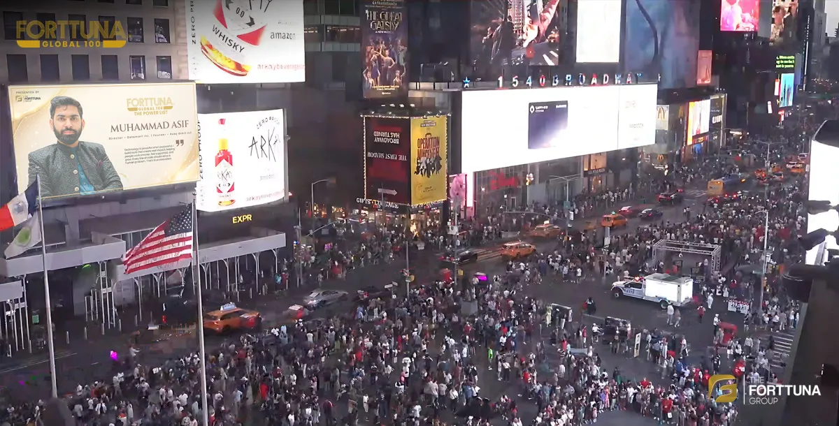 Muhammad Asif featured on the Forttuna Global 100 billboard in Times Square